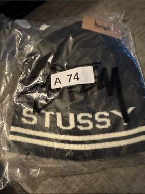 Stussy Black and White Logo Knit skull Cap